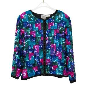 Stenay Vintage Sequin Jacket Multicolor Sequin Silk Blazer Medium Blue